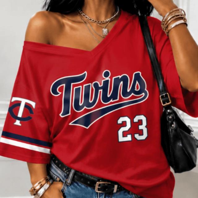 red vintage minnesota twins graphic off shoulder v neck top