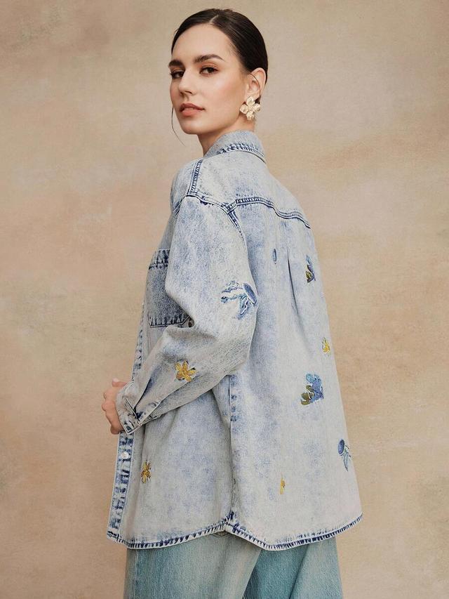 heavy embroidered seafood design blue denim shirt