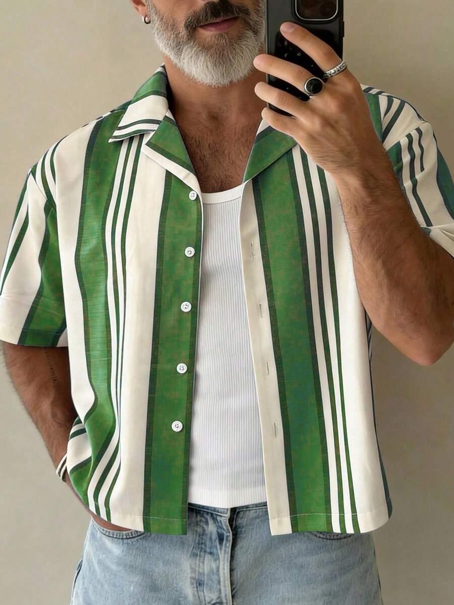 men's green striped short sleeve boxy shirt