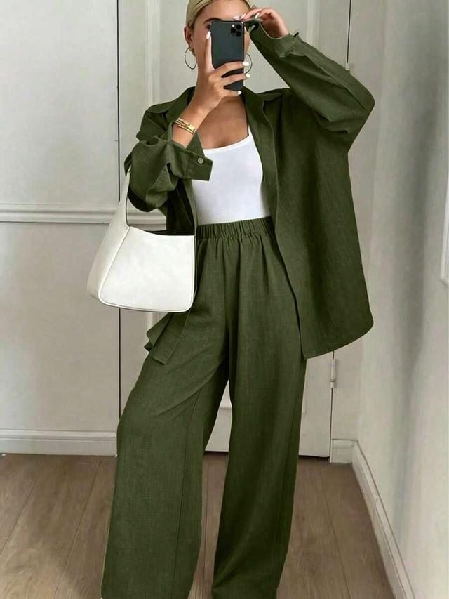 solid olive green linen blend shirt and trousers set