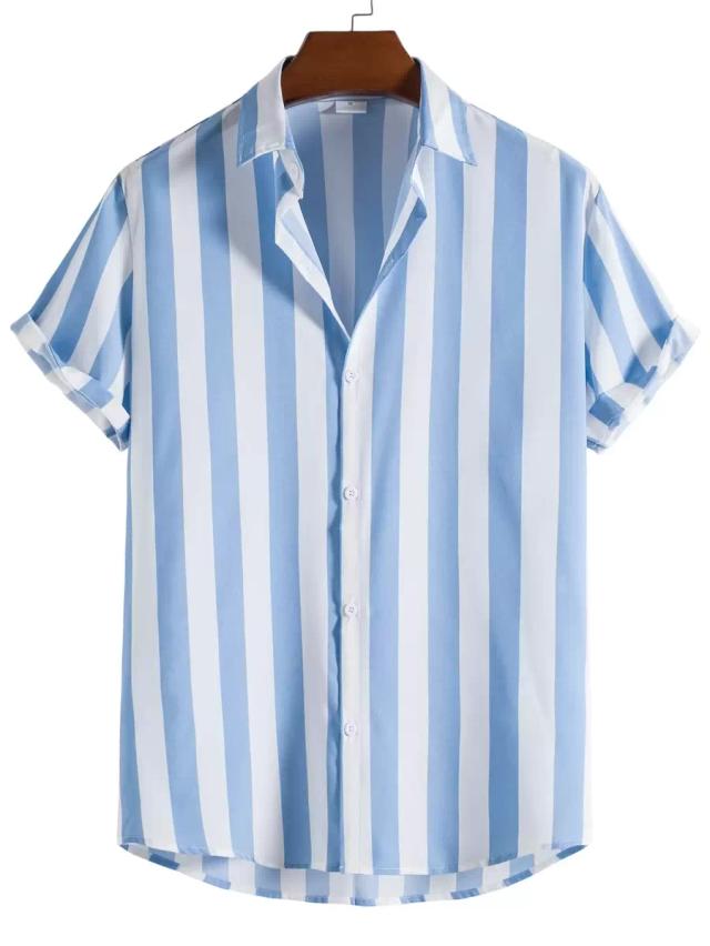 blue and white vertical striped button up shirt