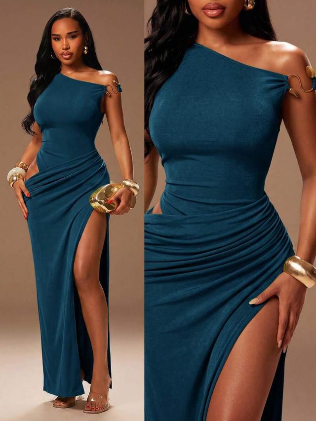 teal one-shoulder draped midi dress