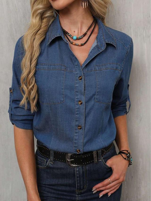 women fashion casual elegant denim button down shirt