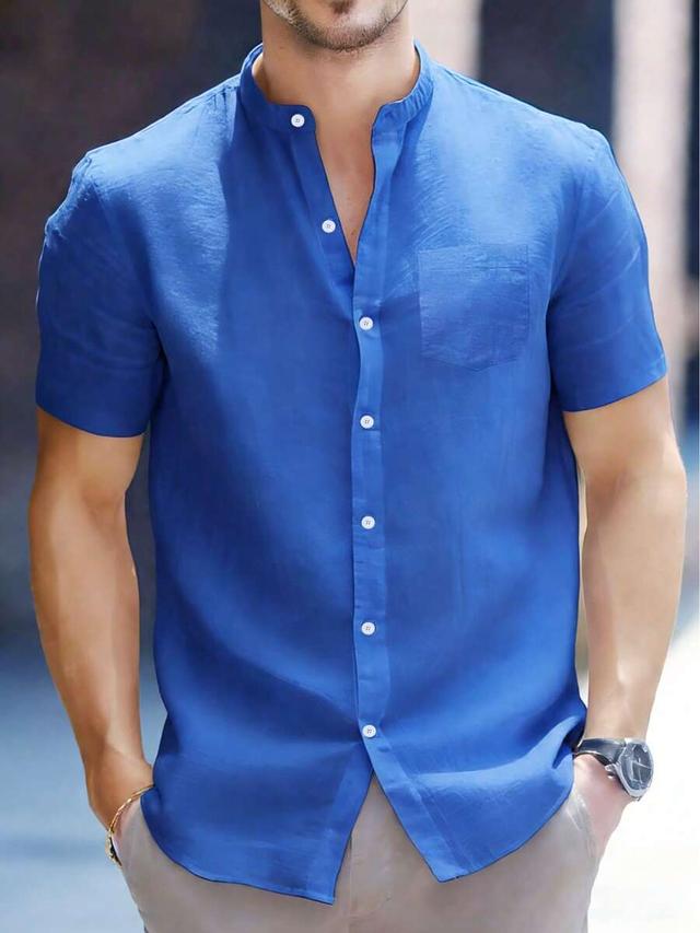 royal blue men's blue linen blend mandarin collar shirt