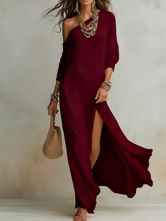 burgundy one-shoulder long sleeve maxi dress