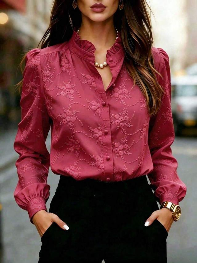 women's solid color long sleeve floral embroidered blouse