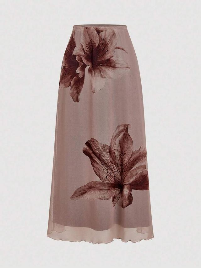 brown floral printed semi-sheer mesh midi skirt