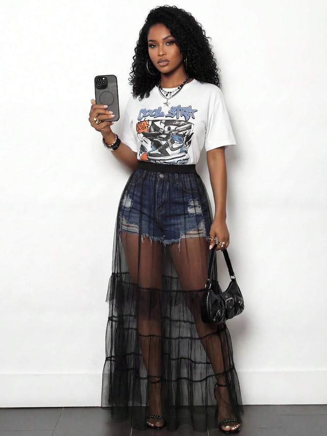 bamgleam sheer mesh layered black tulle patchwork skirt