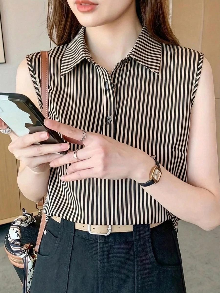 women's black and beige vertical striped sleeveless collared blouse