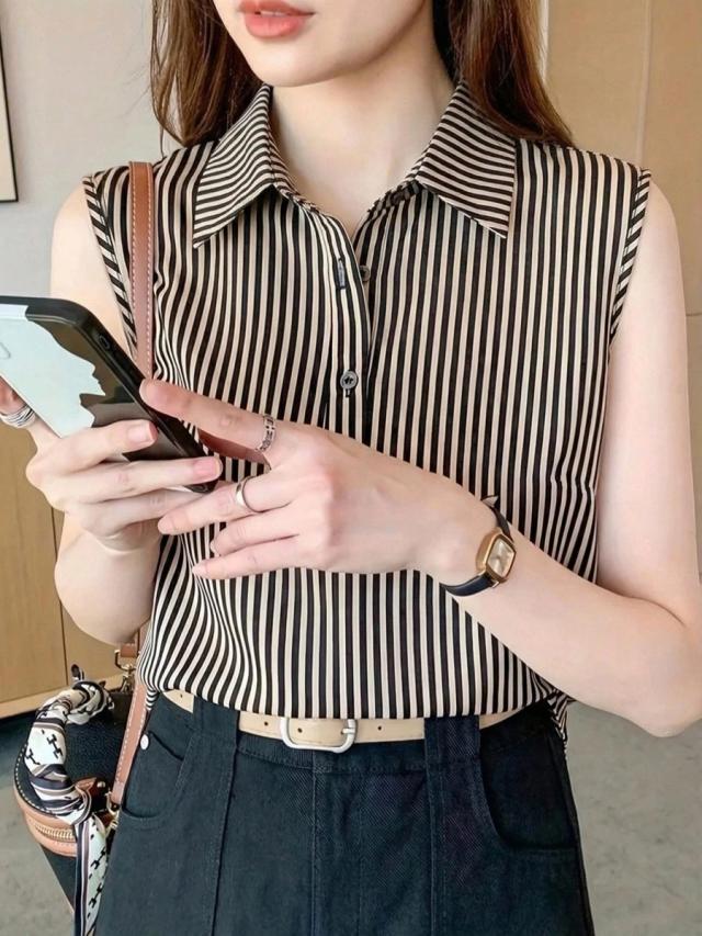 women's black and beige vertical striped sleeveless collared blouse