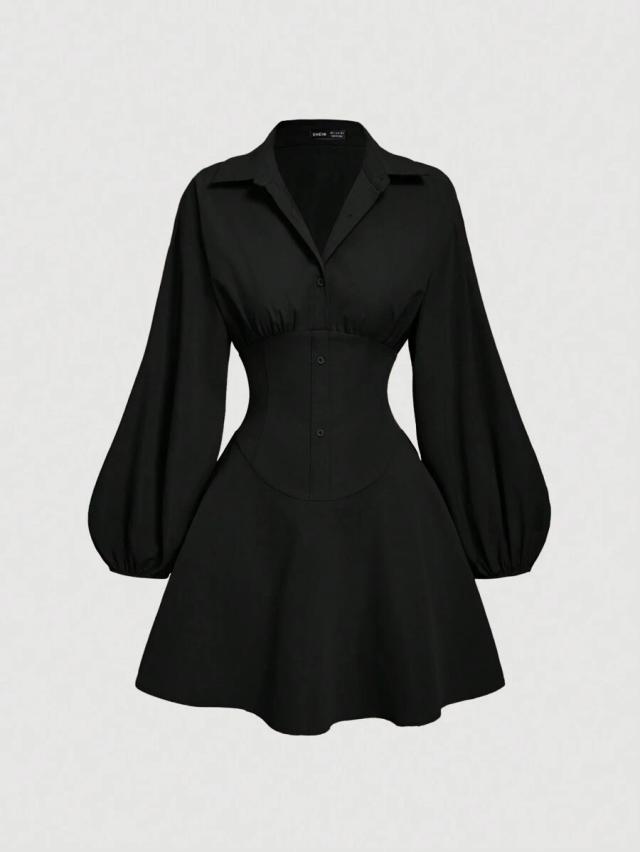 fitted long sleeve black shirt dress with puff sleeves