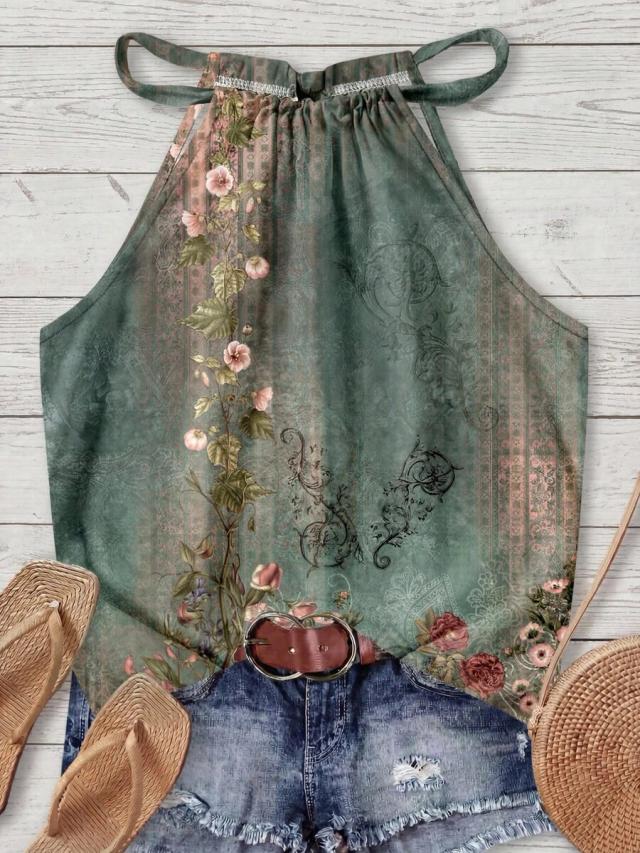 bohemian light green floral halter neck camisole
