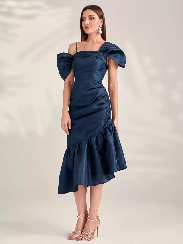 navy blue asymmetrical ruched mermaid hem party dress