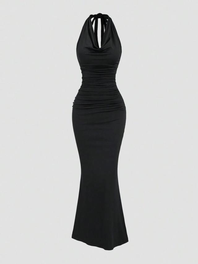 black draped neck bodycon fish tail dress