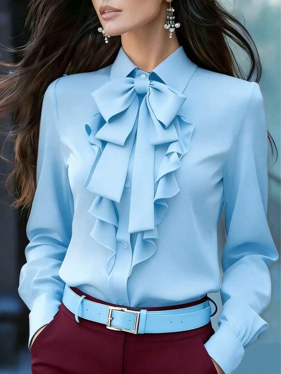 women's elegant light blue long sleeve tie collar blouse