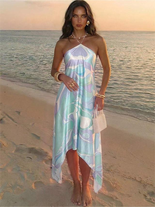pastel swirl satin halter handkerchief hem dress