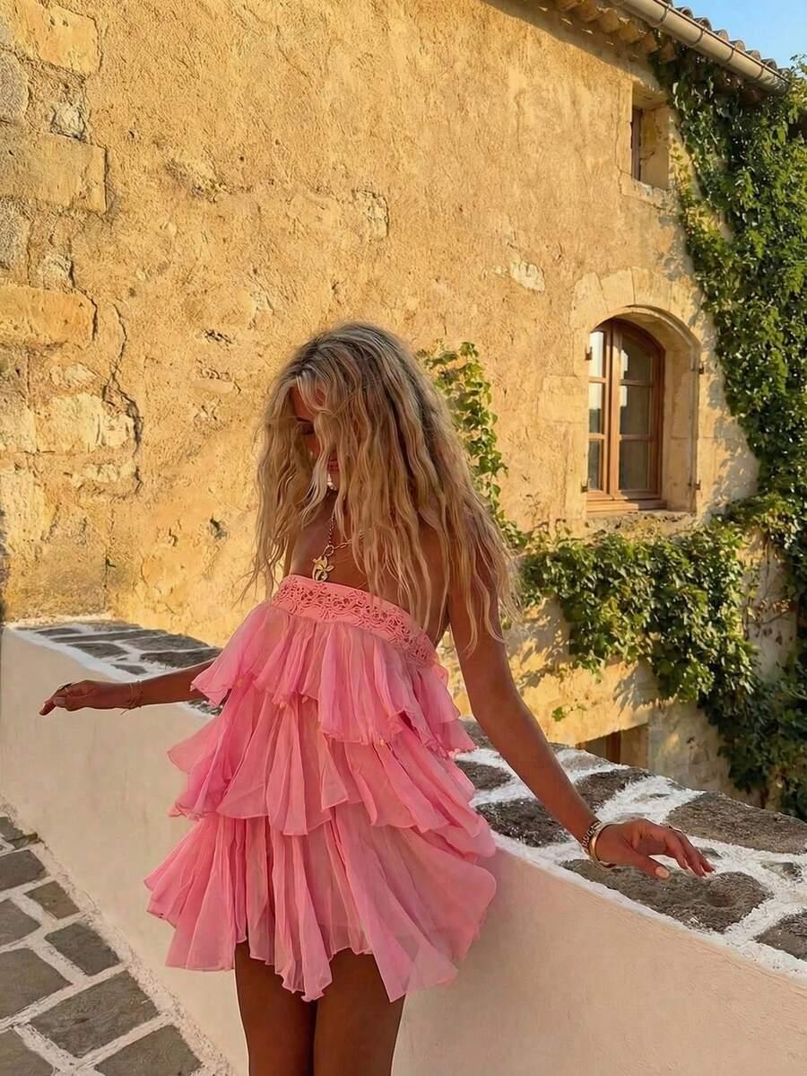 pink ruffled strapless mini dress with lace trim