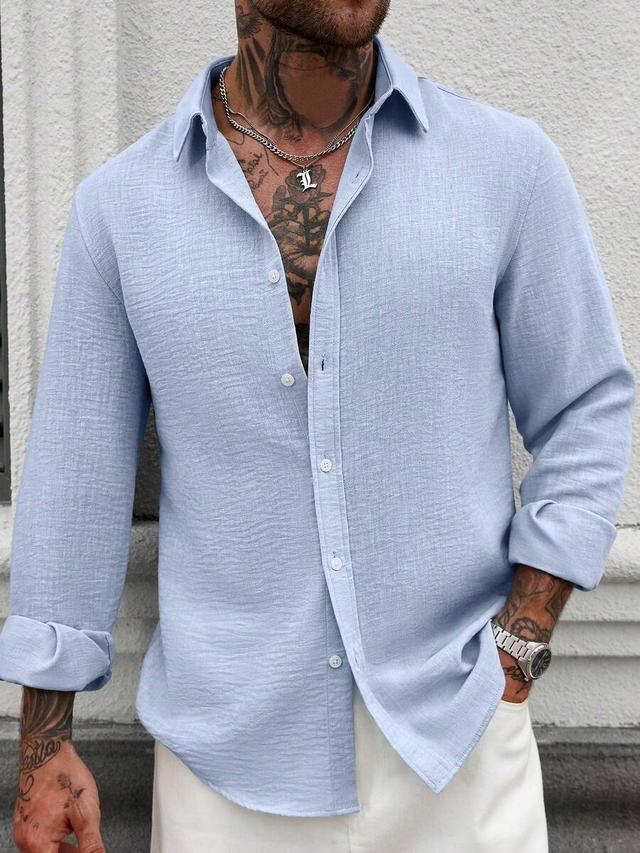 manfinity casualcool light blue linen long sleeve shirt