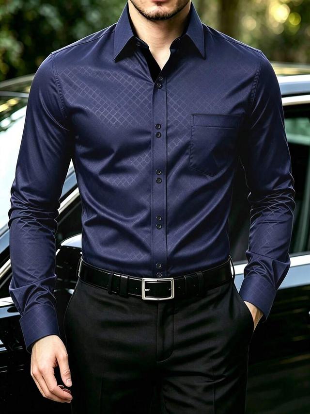 navy blue geometric jacquard long sleeve button-up shirt
