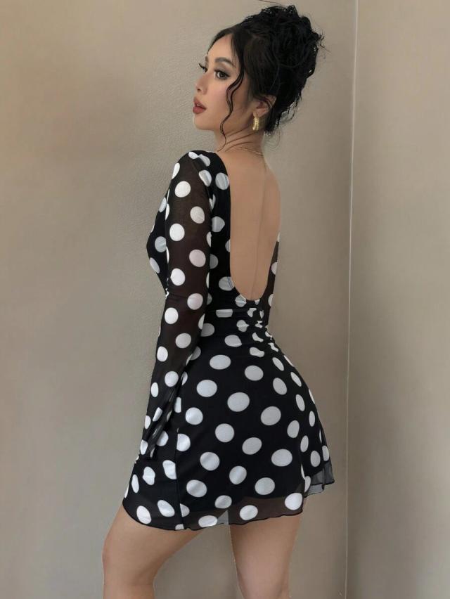 black and white polka dot mesh mini dress