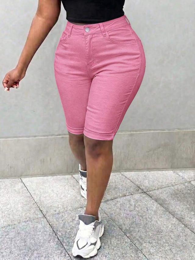 pink high-waisted denim bermuda shorts