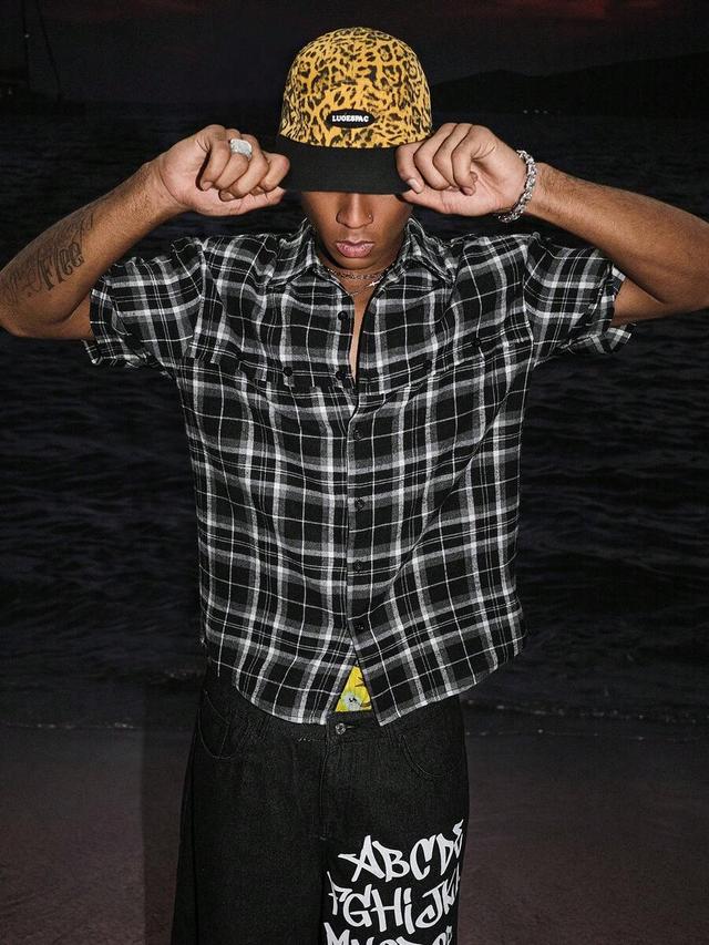 brushed plaid short sleeve button up shirt