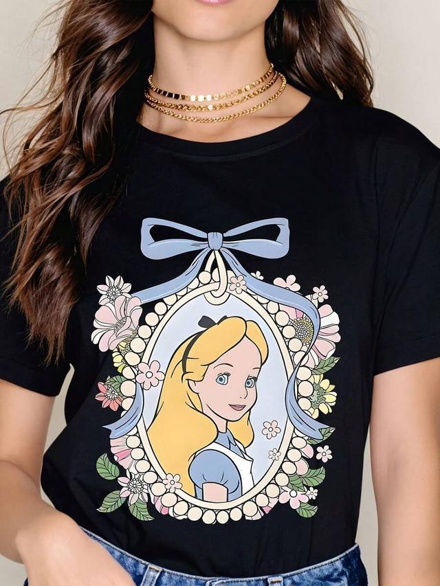 disney alice in wonderland floral portrait black t-shirt