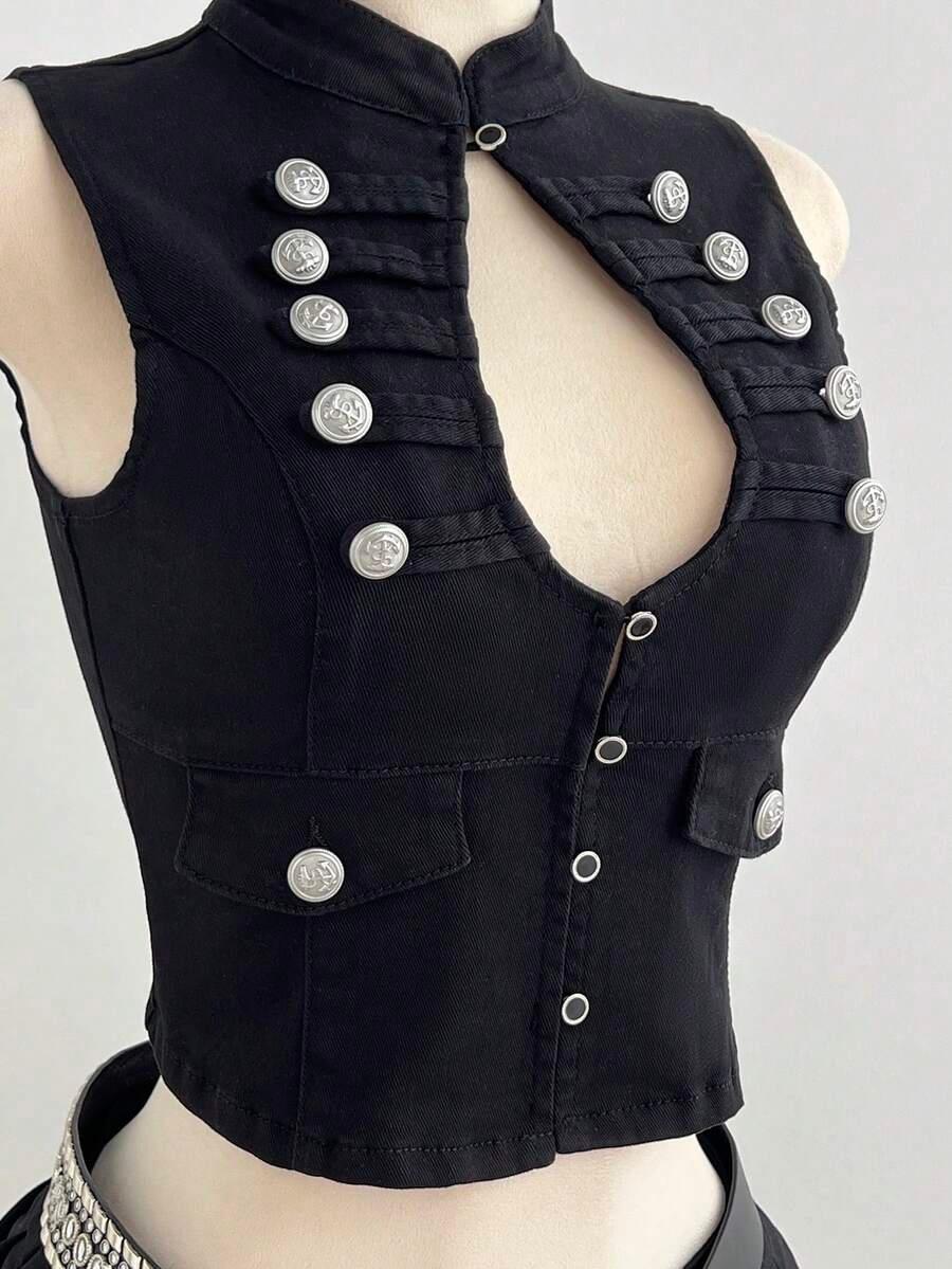 black military style sleeveless cotton vest