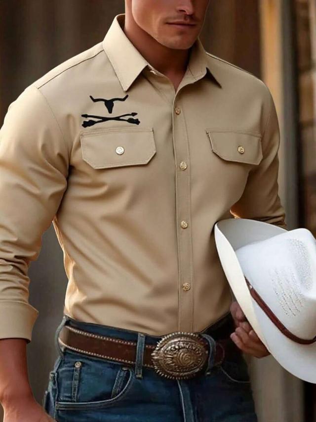 tan western-style long-sleeve button-up shirt with floral graphic