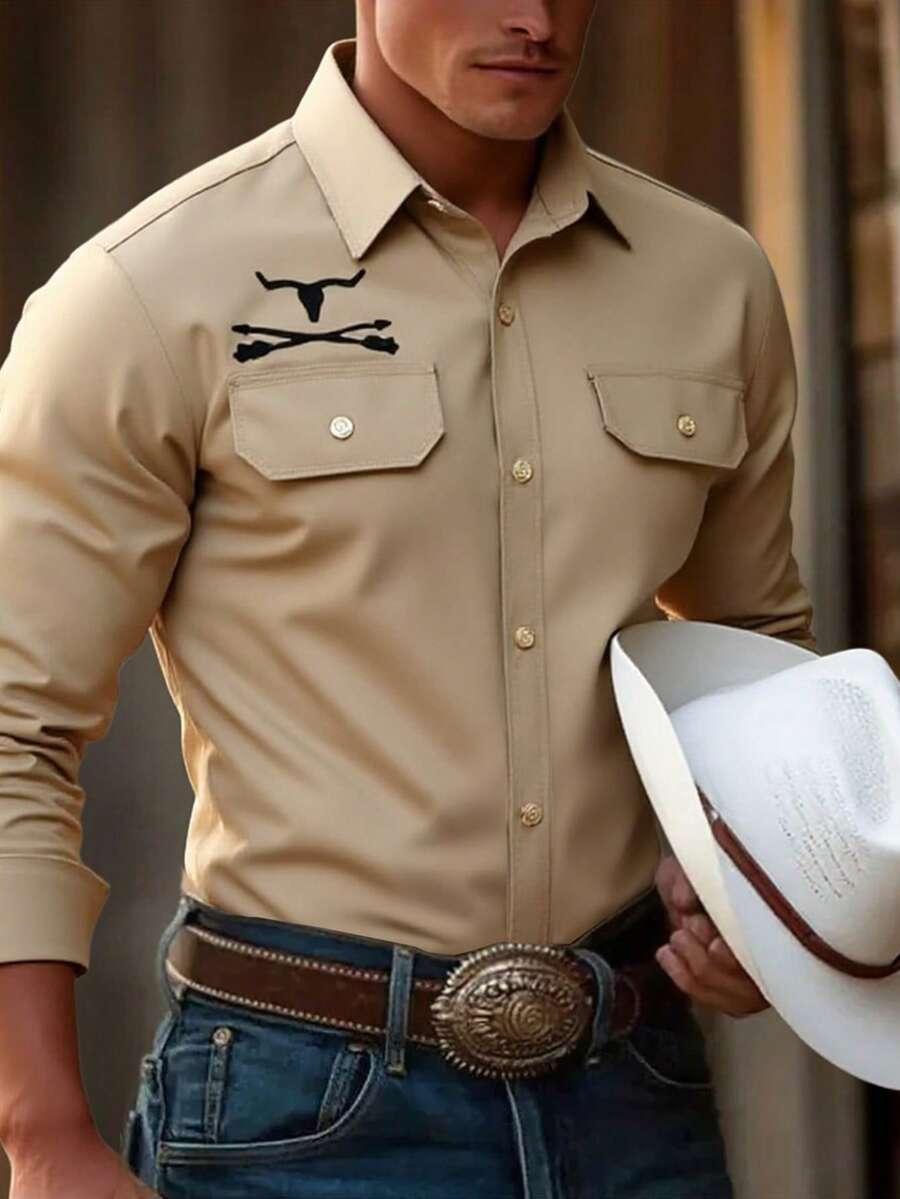 tan western-style long-sleeve button-up shirt with floral graphic