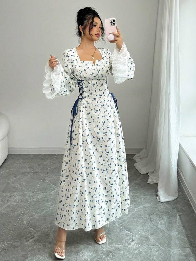floral printed long sleeve a-line dress with lace trim