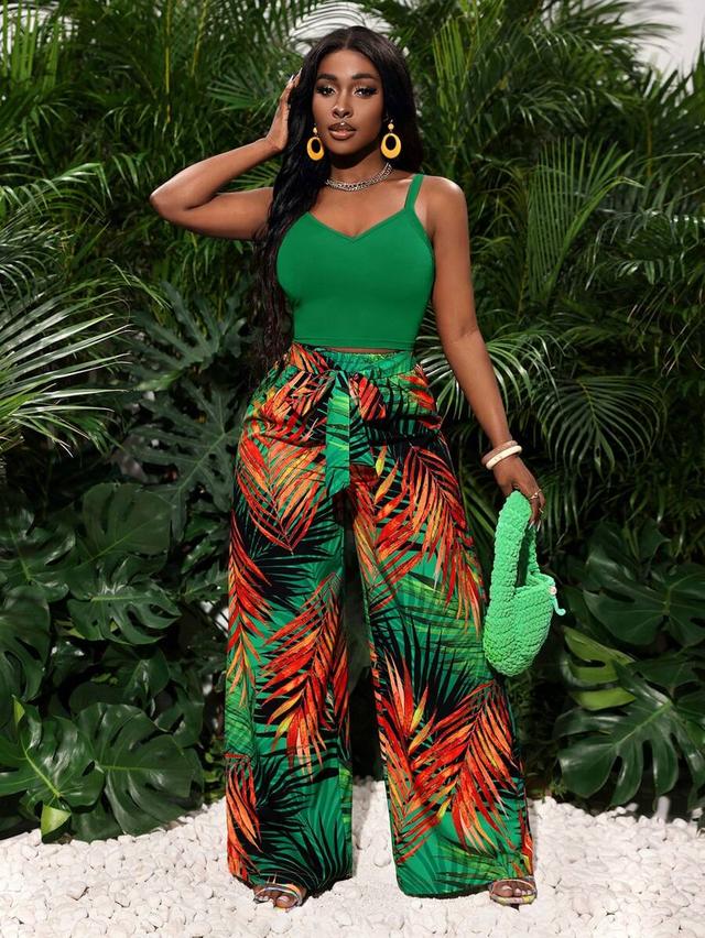tropical palm print camisole and wide leg pants set