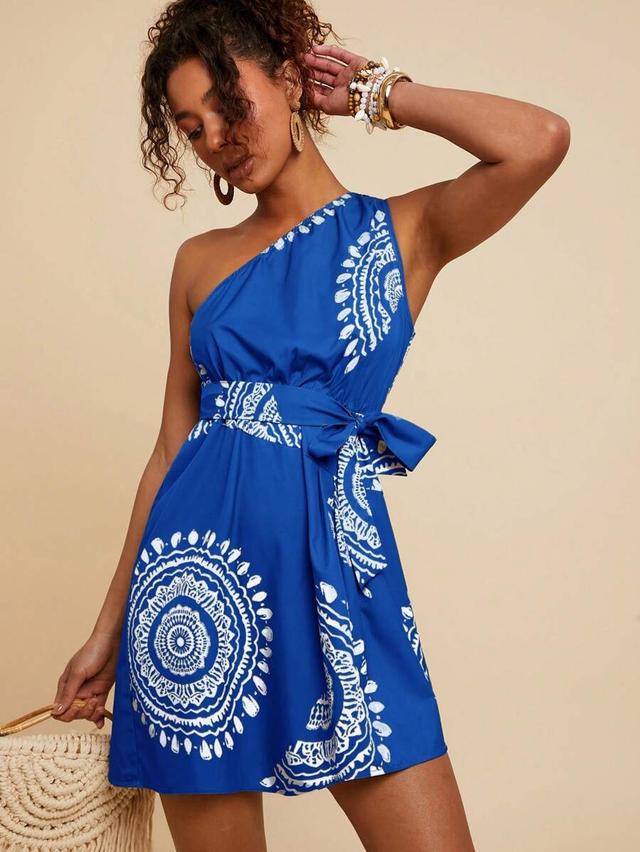 blue retro print halter a-line dress
