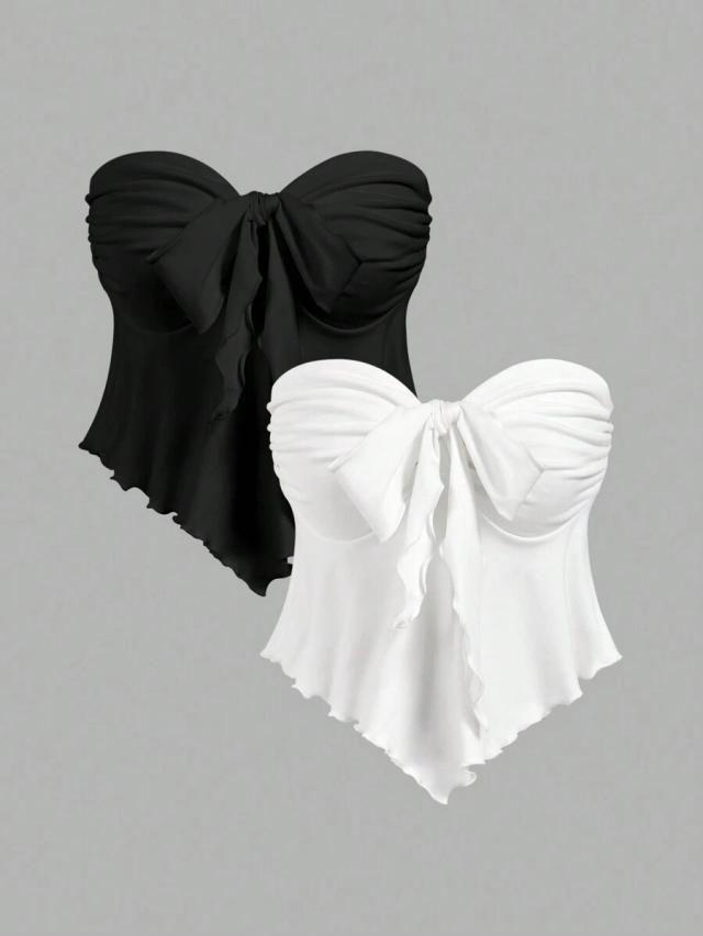 white two bandeau crop top with pointed hem and bow