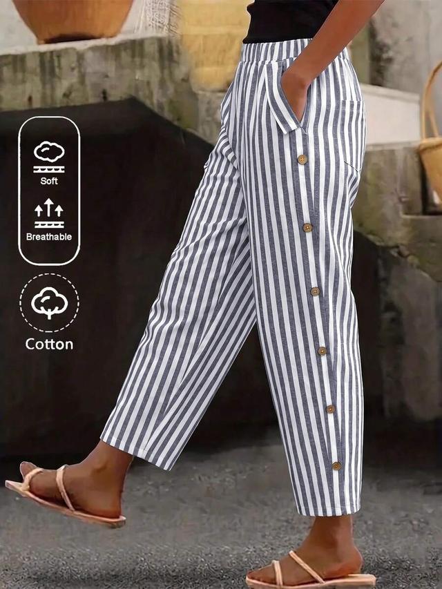 navy blue and white striped casual trousers