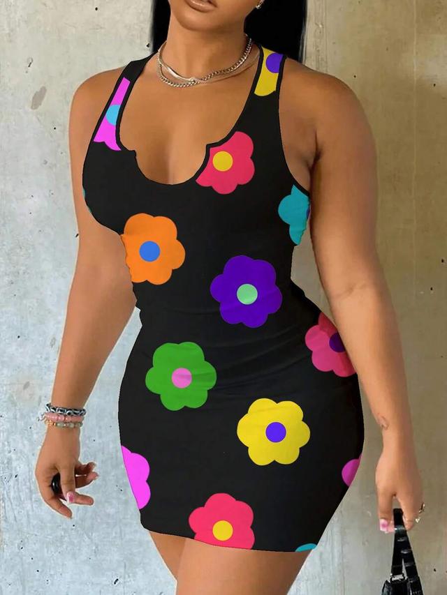 black floral print sleeveless bodycon mini dress