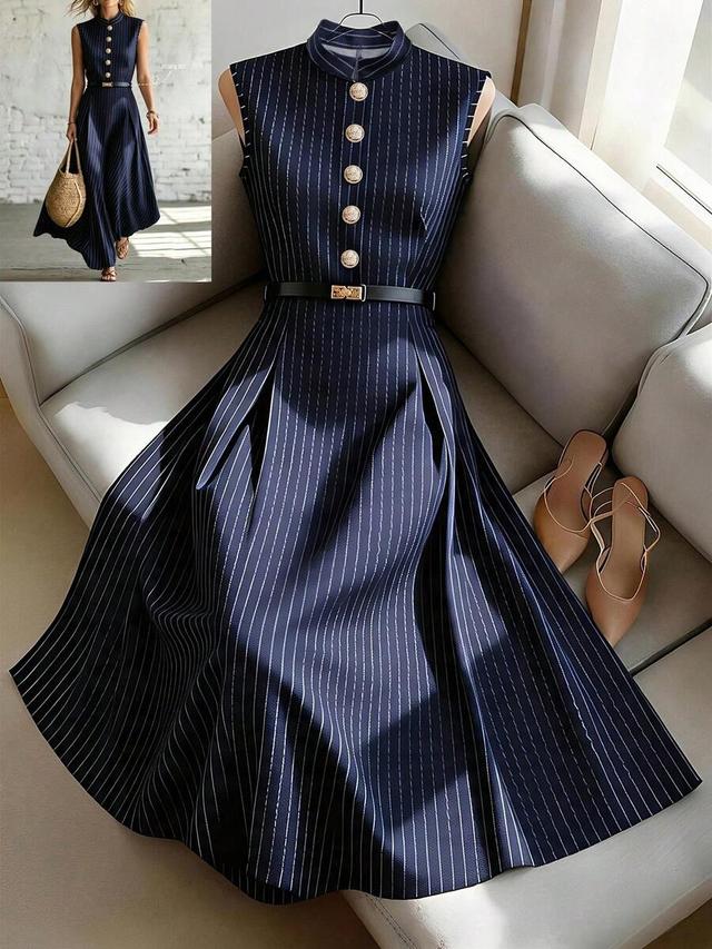 navy pinstripe sleeveless midi dress with button placket
