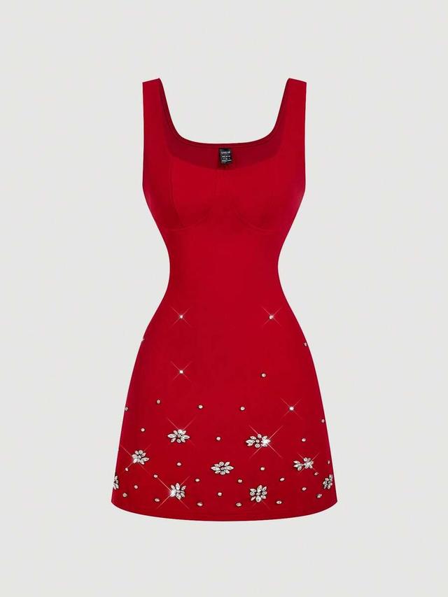 elegant red mini tank dress with rhinestone beading