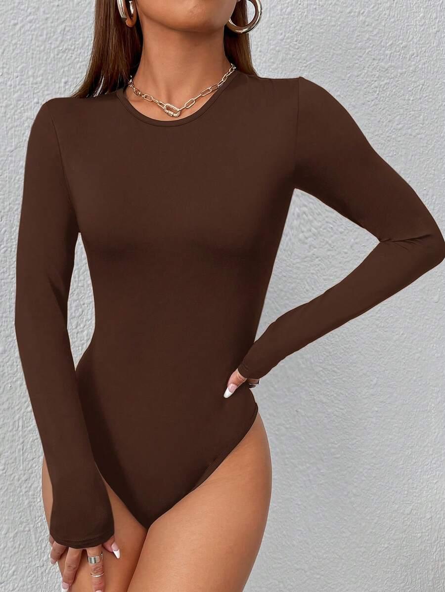 solid brown long sleeve slim fit bodysuit