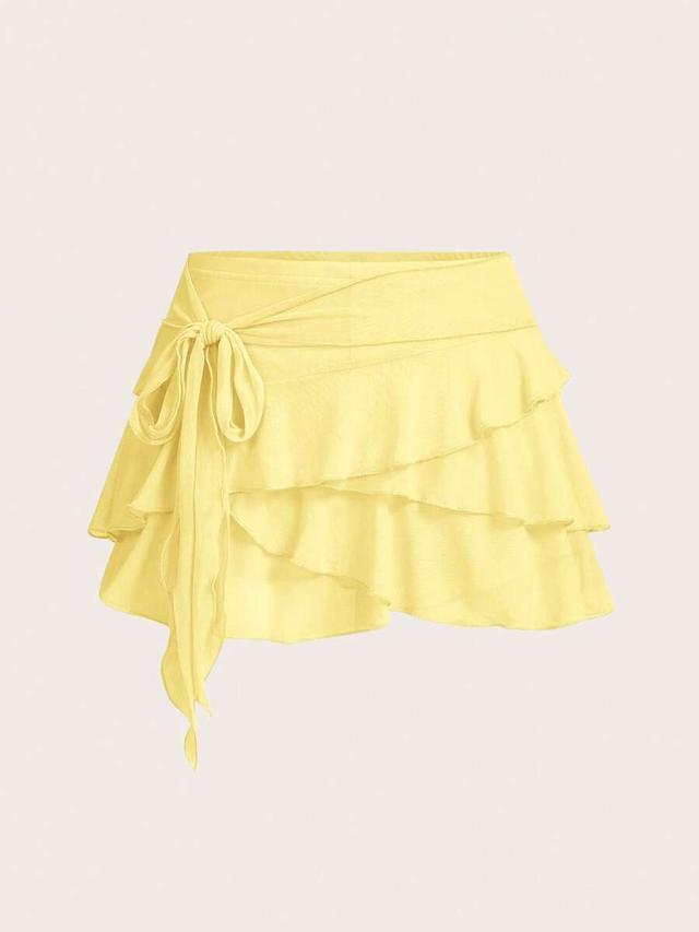 yellow multi-layer ruffle trim wrap mini skirt