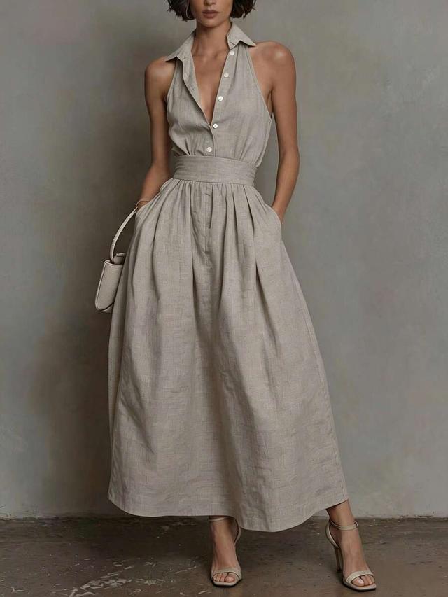 beige french elegant woven solid gray polo collar sleeveless dress