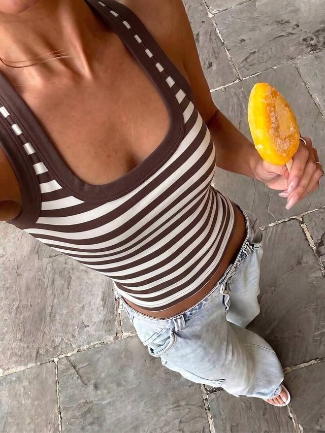 brown and white striped square neck cami tank