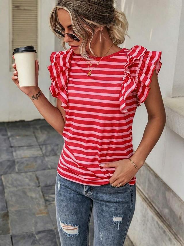 red and pink striped ruffle sleeve casual tee