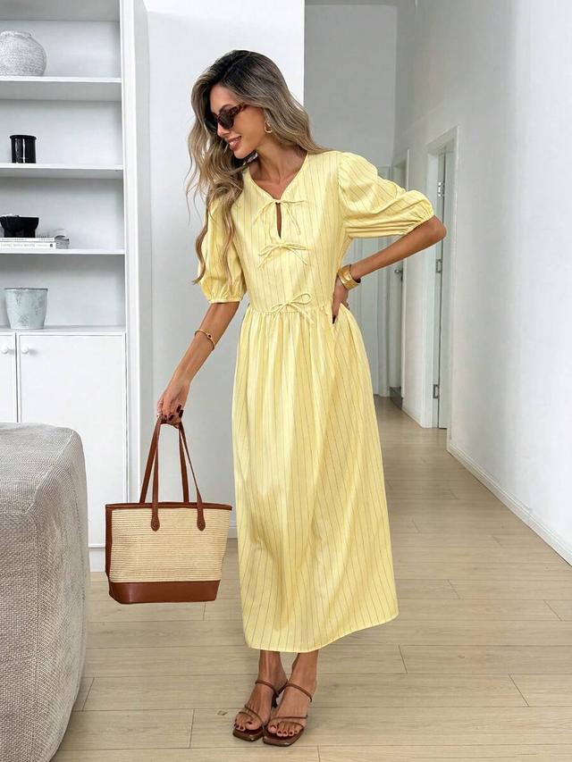 yellow striped cotton midi dress with bow detailing