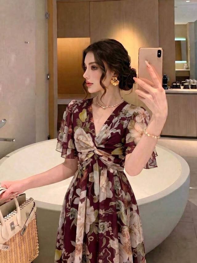 women's elegant floral print flared summer dress