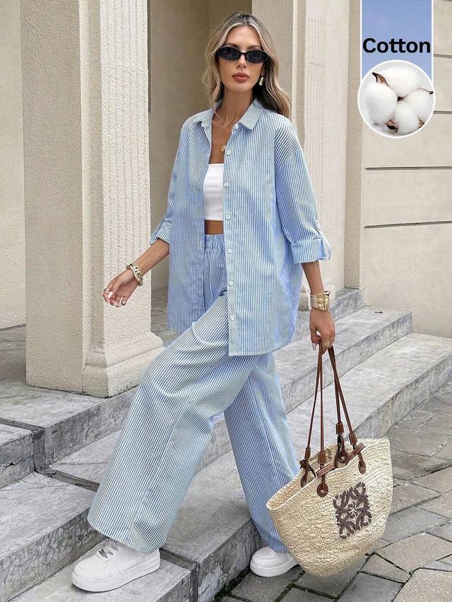 blue and white stripe casual two piece set