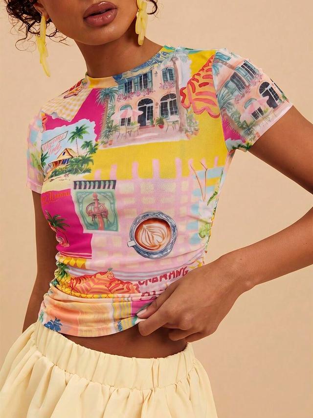 women's fitted printed short sleeve mesh ruched blouse
