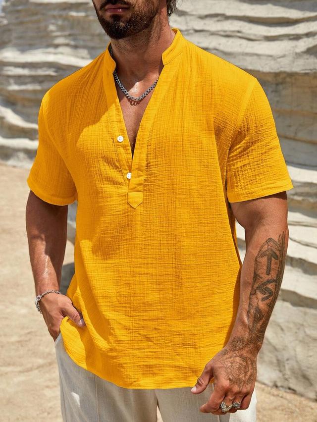 textured band collar short sleeve shirt