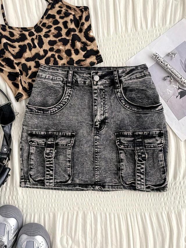 acid wash grey denim cargo mini skirt