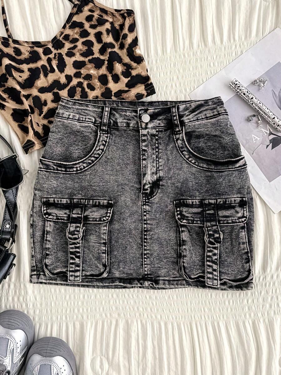 acid wash grey denim cargo mini skirt